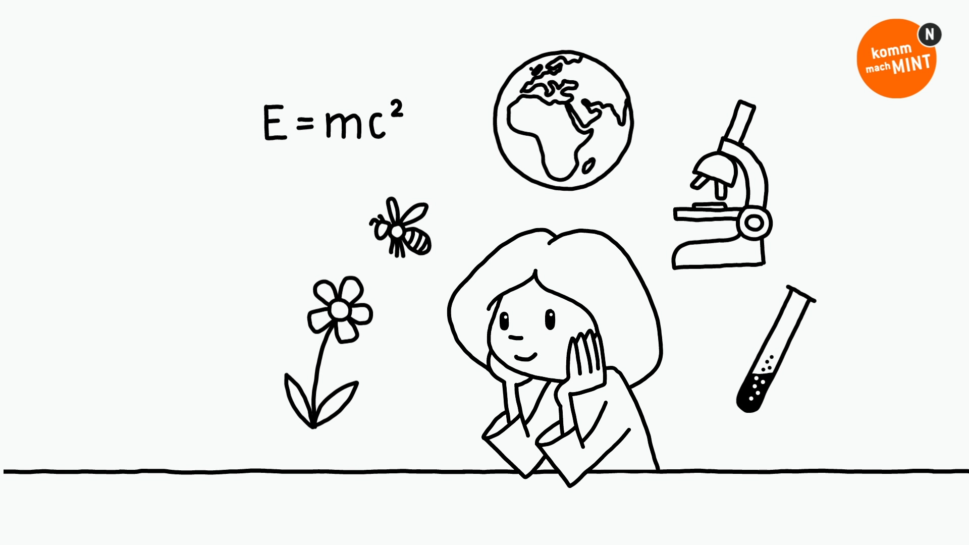 Symbole aus dem Bereich Naturwissenschaften schweben um den Kopf einer nachdenkenden Schülerin