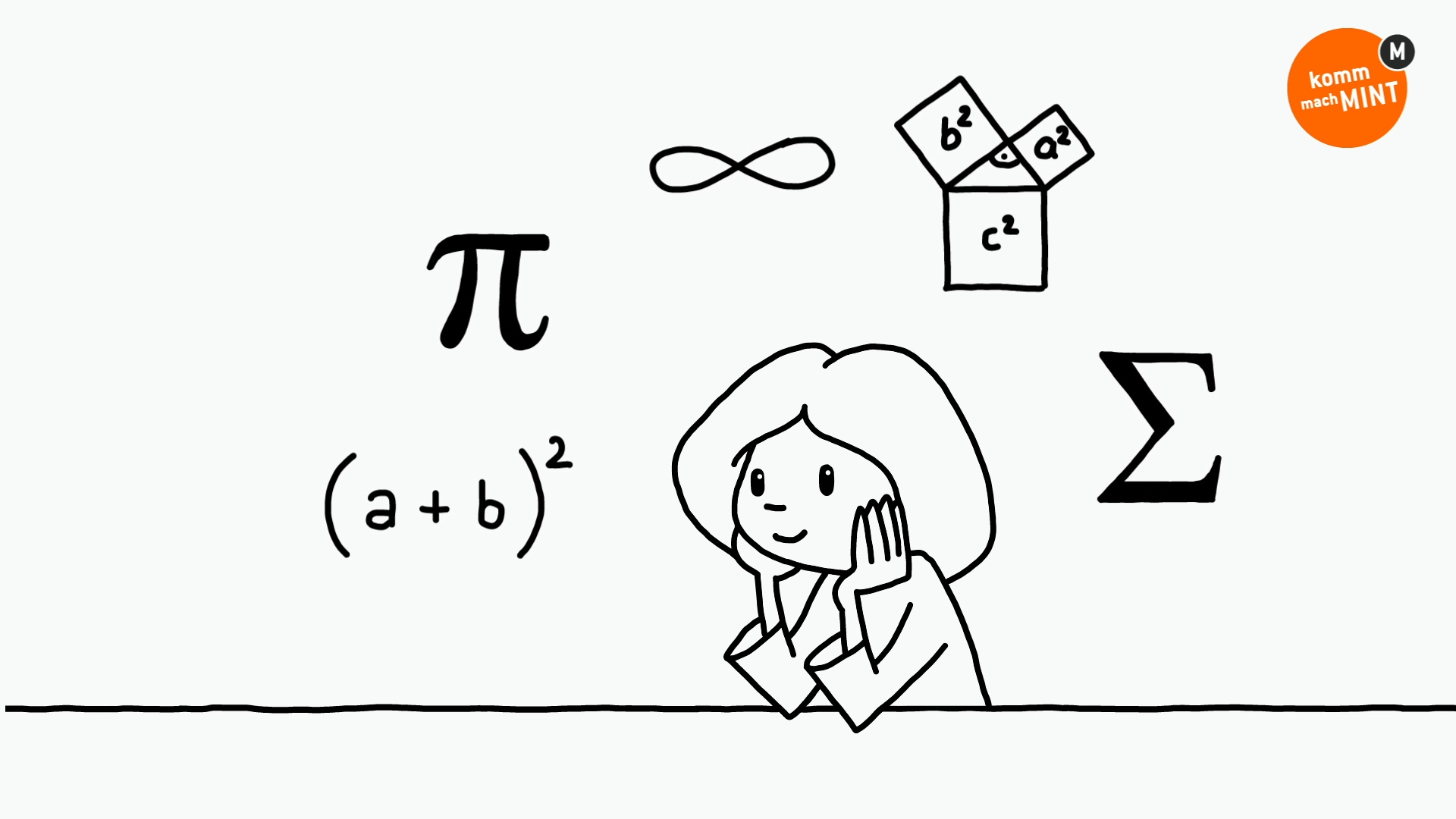 Mathematische Formeln und Symbole schweben um den Kopf einer nachdenkenden Schülerin